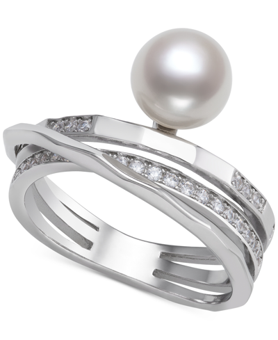 Belle De Mer Cultured Freshwater Button Pearl (7mm) & Cubic Zirconia Multirow Statement Ring In Ster In Sterling Silver