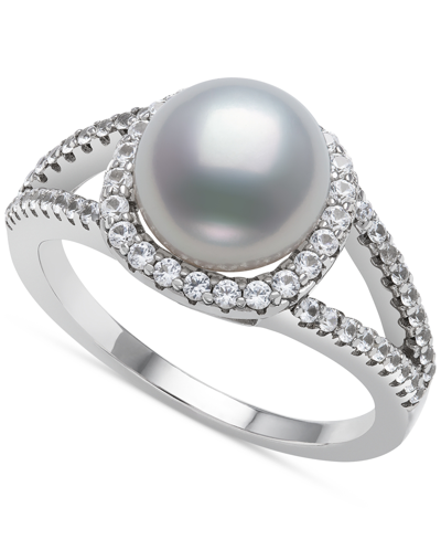 Belle De Mer Cultured Freshwater Button Pearl (8mm) & Cubic Zirconia Statement Ring In Sterling Silver