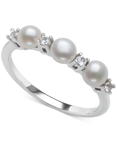 Belle De Mer Cultured Freshwater Button Pearl (4mm) & Lab-created White Sapphire (1/6 Ct. T.w.) Ring In Sterling Silver