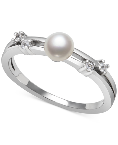 Belle De Mer Cultured Freshwater Button Pearl (5mm) & Lab-created White Sapphire (1/10 Ct. T.w.) Ring In Sterling Silver