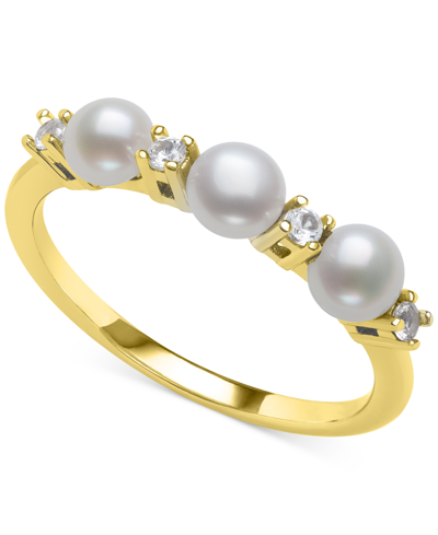 Belle De Mer Cultured Freshwater Button Pearl (4mm) & Lab-created White Sapphire (1/6 Ct. T.w.) Ring In Gold Over Sterling Silver