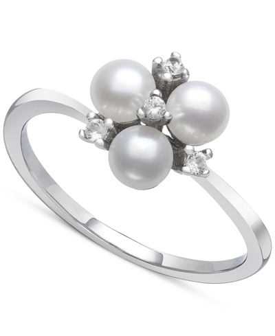 Belle De Mer Cultured Freshwater Button Pearl (4mm) & Lab-created White Sapphire (1/10 Ct. T.w.) Trillium Ring In In Sterling Silver