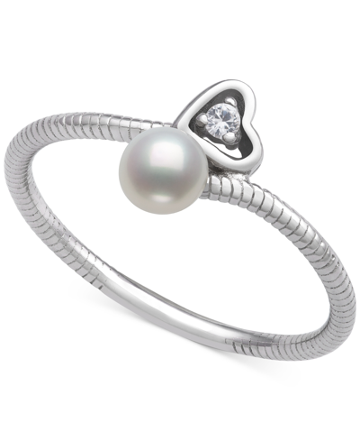 Belle De Mer Cultured Freshwater Button Pearl (4mm) & Lab-created White Sapphire (1/20 Ct. T.w.) Hea In Sterling Silver