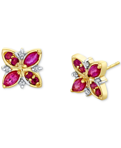 Macy's Ruby (5/8 Ct. T.w.) & Diamond (1/20 Ct. T.w.) Cluster Stud Earrings In 14k Gold In Red