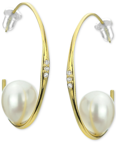 Macy's Cultured Freshwater Pearl (9-10mm) & Diamond (1/20 Ct. T.w.) Hoop Earrings In 14k Gold In White