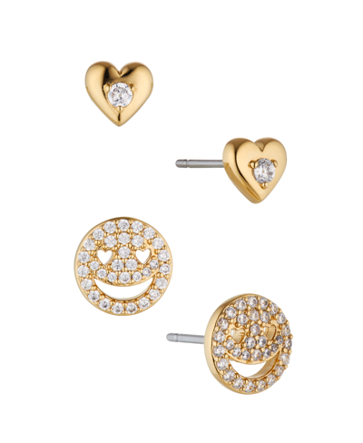 Ava Nadri Heart Shape Stud And Smiley Face Earring Set, 4 Pieces In Gold-tone