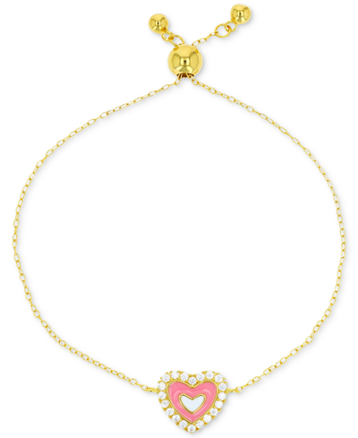Macy's Cubic Zirconia Pink Enamel Heart Bolo Bracelet In Gold Over Silver