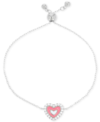Macy's Cubic Zirconia Pink Enamel Heart Bolo Bracelet In Sterling Silver