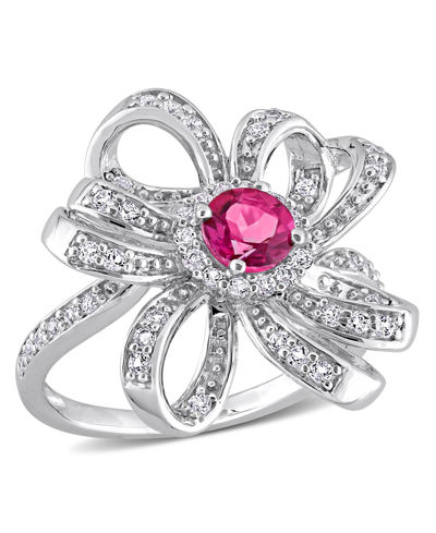 Macy's Sterling Silver Blue Topaz, Pink Topaz And White Topaz Flower Cocktail Ring
