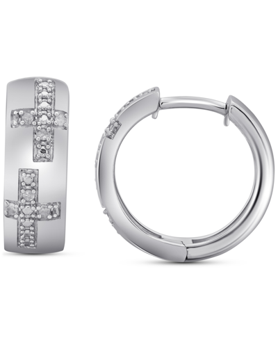 Macy's Men's Diamond Cross Small Huggie Hoop Earrings (1/20 Ct. T.w.) In Sterling Silver, 0.63" In Metallic