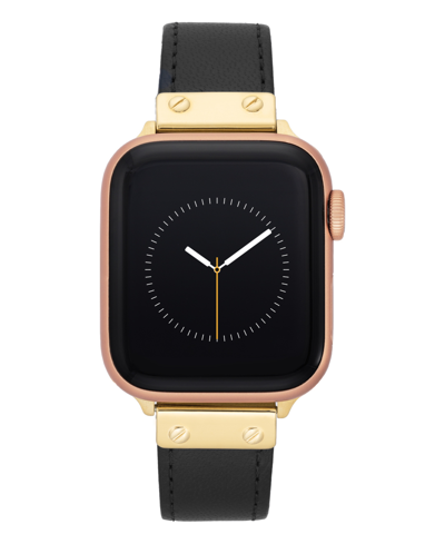 Anne Klein Women's Black Genuine Leather Strap With Gold-tone Stainless Steel Accents For Apple Watch, Compatib In Black/gold-tone