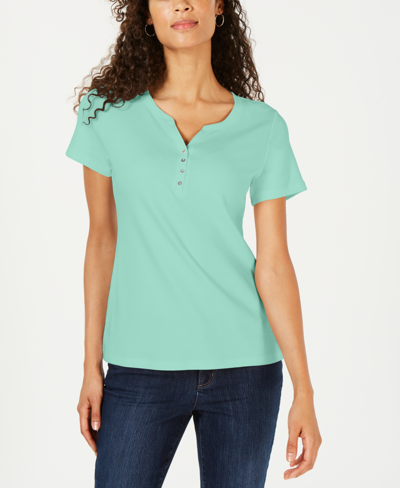 Karen Scott Petite Cotton Henley Top, Created For Macy's In Aqua Ice