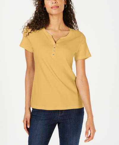 Karen Scott Petite Cotton Henley Top, Created For Macy's In Citron Aura