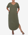 White Mark Plus Size Short Sleeve V-neck Maxi Dress In Olive