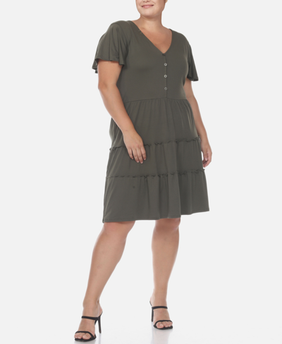 White Mark Plus Size Short Sleeve V-neck Tiered Dress In Green