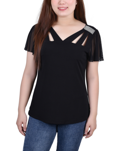 Ny Collection Women's Short Flutter Sleeve Top With Cutouts And Stones In Black