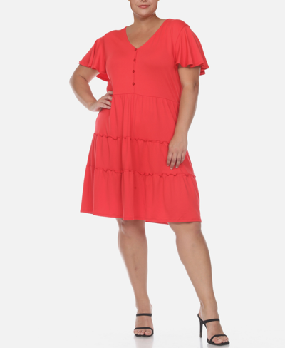 WHITE MARK PLUS SIZE SHORT SLEEVE V-NECK TIERED MIDI DRESS