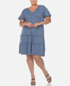 White Mark Plus Size Short Sleeve V-neck Tiered Dress In Blue