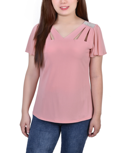 Ny Collection Petite Size Short Flutter Sleeve Top With Cutouts And Stones In Blush