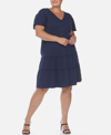 White Mark Plus Size Short Sleeve V-neck Tiered Dress In Navy