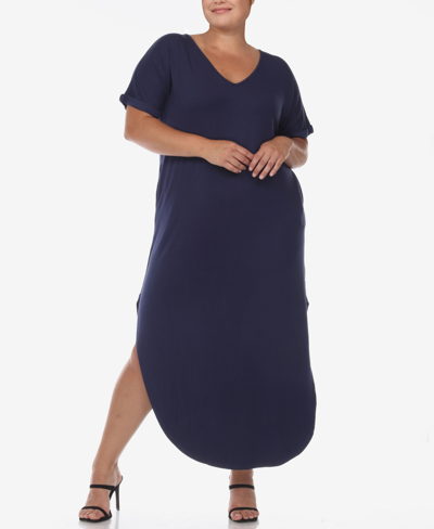 White Mark Plus Size Short Sleeve V-neck Maxi Dress In Navy