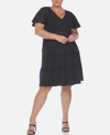 White Mark Plus Size Short Sleeve V-neck Tiered Midi Dress In Black