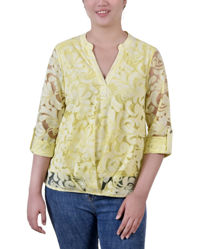 Ny Collection Plus Size Long Sleeve Burnout Y-neck Blouse In Yellow