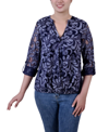 Ny Collection Plus Size Long Sleeve Burnout Y-neck Blouse In Navy Scrolleaf