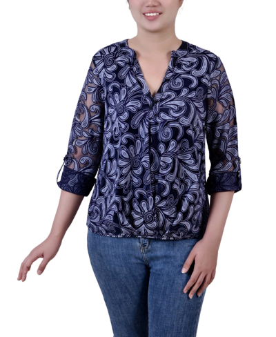 Ny Collection Plus Size Long Sleeve Burnout Y-neck Blouse In Blue