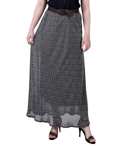 Ny Collection Petite Printed Chiffon Belted Maxi Skirt In Black White Swirl