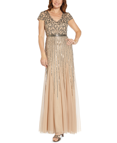 Adrianna Papell Embellished V-neck Gown In Nude