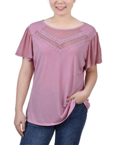 Ny Collection Women's Studded Top With Mesh Details In Pink