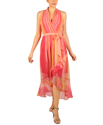 Julia Jordan Printed High-low Faux-wrap Dress In Pink