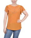 Ny Collection Plus Size Studded Short Flutter Sleeve Top With Mesh Details In Inca Gold-tone