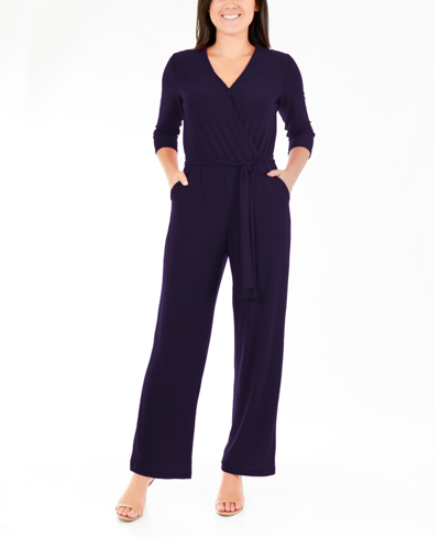 Ny Collection Petite 3/4 Sleeve Belted Wide Leg Jumpsuit In Blue