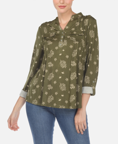 White Mark Plus Size Pleated Long Sleeve Top In Green
