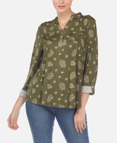White Mark Plus Size Pleated Long Sleeve Top In Olive