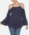 White Mark Cold Shoulder Ruffle Sleeve Top In Navy