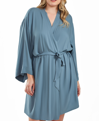 Icollection Bree Plus Size Modal Robe With Looped Self Tie Sash And Inner Ties In Blue