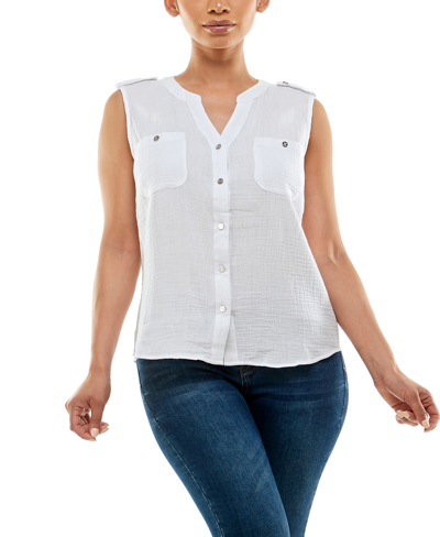 Adrienne Vittadini Women's Y-neck Sleeveless Utility Shirt In Bright White