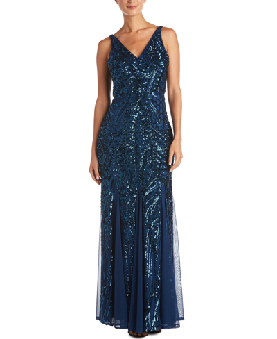 Nightway Plus Size Sequined Mesh Gown In Peacock