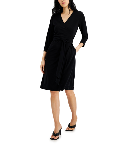Alfani Women's Elbow Sleeve Satin Surplice Dress, Created For Macy's In Deep Black
