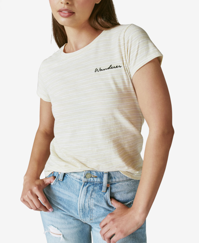 Lucky Brand Embroidered Striped Cotton T-shirt In Yellow Stripe