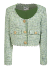 Self-portrait Cropped Button-embellished Metallic Bouclé-tweed Jacket In Green
