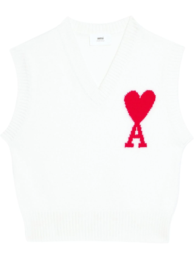 Ami Alexandre Mattiussi Intarsia Virgin Wool Sweater Vest In 154 Off-white/red