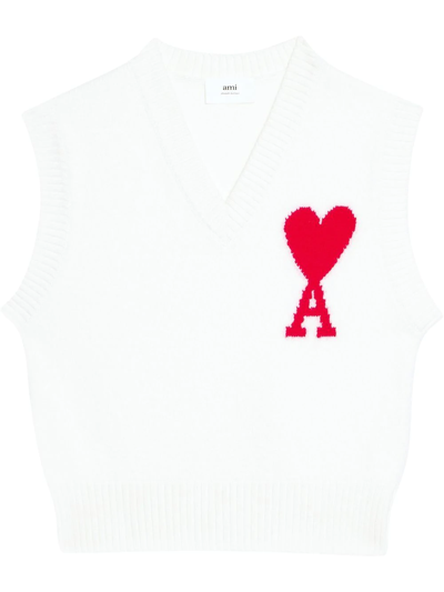 Ami Alexandre Mattiussi Intarsia Virgin Wool Jumper Waistcoat In Off-white/red/154