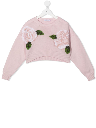 Monnalisa Kids' Floral Intarsia-knit Cropped Sweater In Rosa Antico Couture