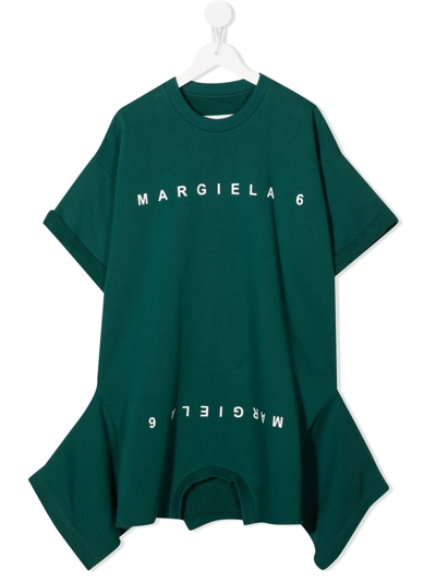 Mm6 Maison Margiela Kids' Abito T-shirt Verde Con Effetto Upside Down In Green