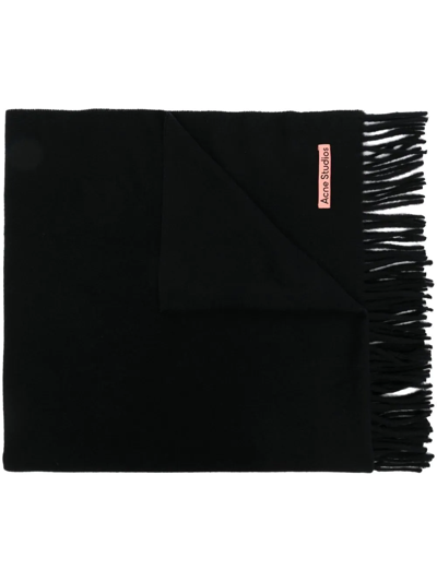 Acne Studios Logo-tag Frayed-edge Scarf In Black