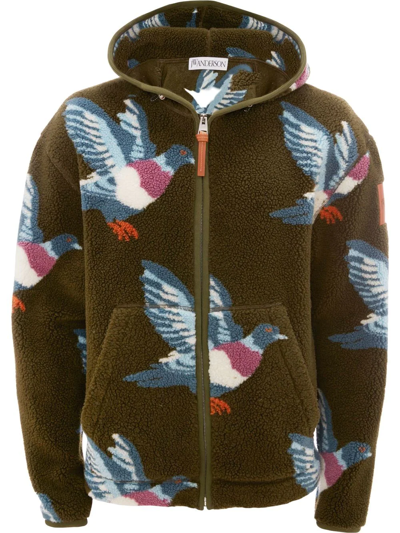 Jw Anderson Pigeon-pattern Zip-fastening Hoodie In Green